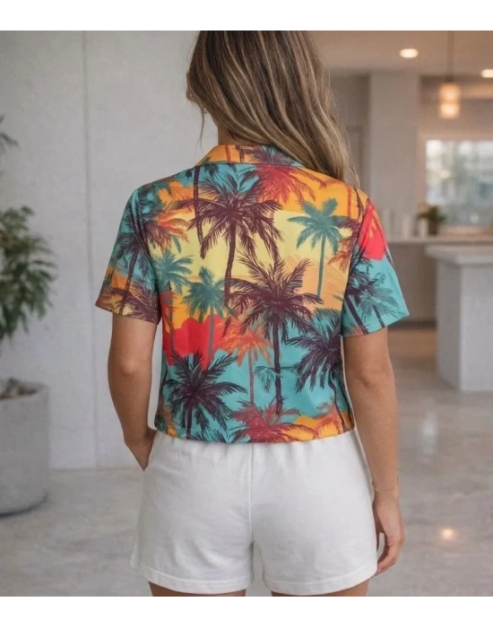 Tropikal Palmiye Desenli Kısa Kol Gömlek Şort Takım Yazlık Rahat Kalıp  Desenli