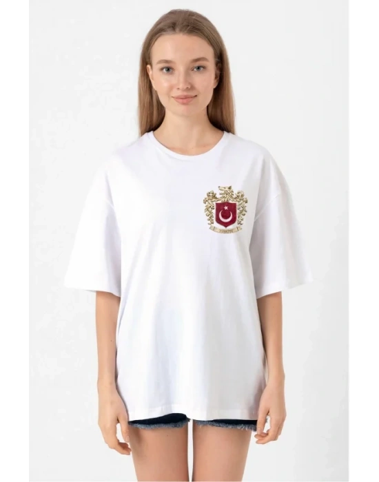 Türk Arma Baskılı Oversize Bisiklet Yaka Günlük Tshirt  Beyaz