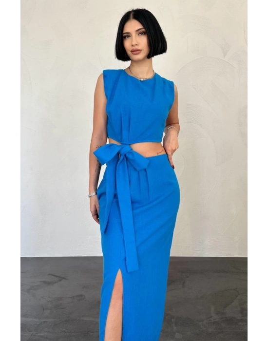 Turkuaz Kuşaklı Crop Ve Etek Takım