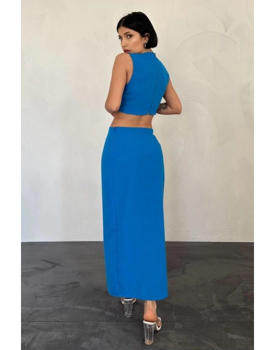 Turkuaz Kuşaklı Crop Ve Etek Takım