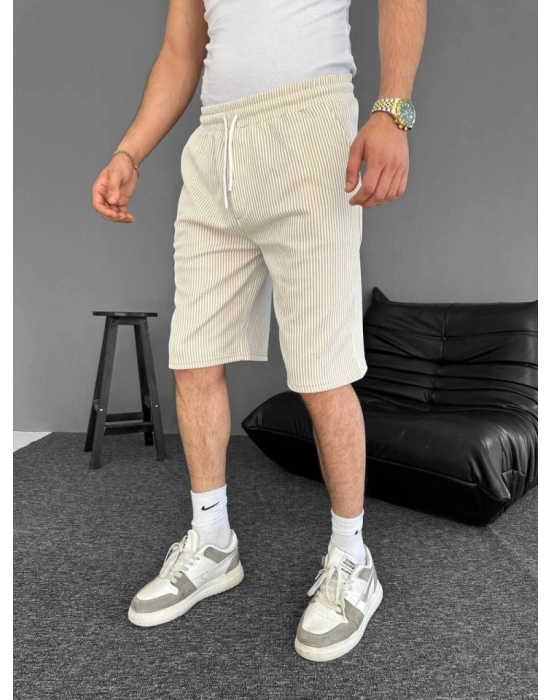 u Yolu Çizgili Cepli Şort Bej