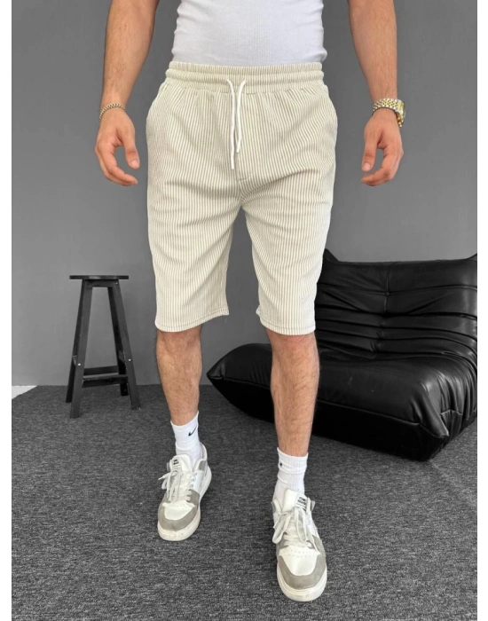 u Yolu Çizgili Cepli Şort Bej