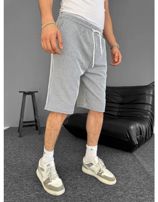 u Yolu Çizgili Cepli Şort Gri