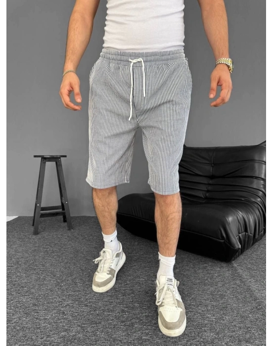 u Yolu Çizgili Cepli Şort Gri