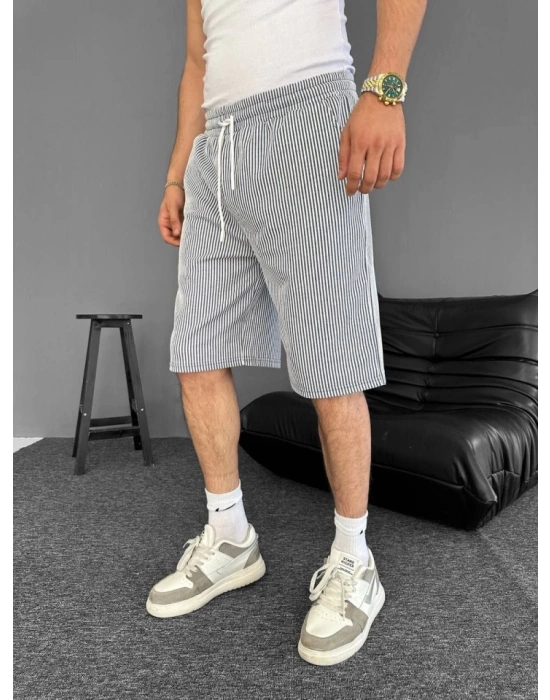 u Yolu Çizgili Cepli Şort Gri