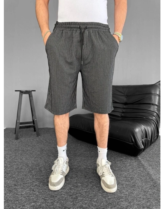 u Yolu Çizgili Cepli Şort iyah