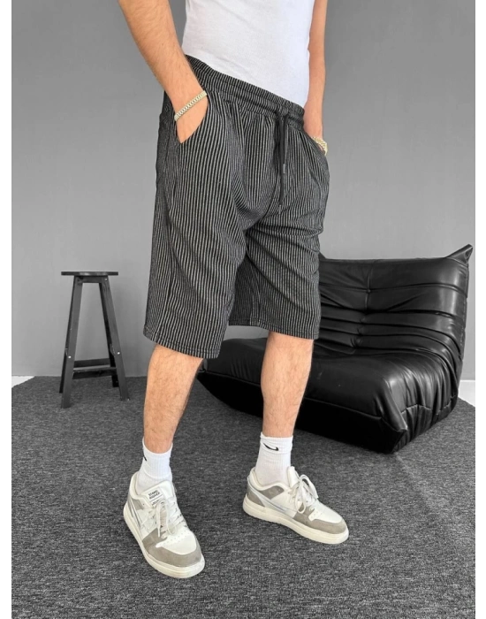 u Yolu Çizgili Cepli Şort iyah