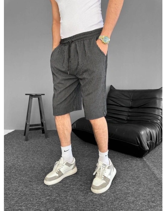 u Yolu Çizgili Cepli Şort iyah