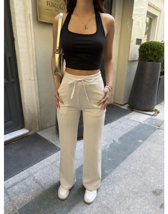 u Yolu Çizgili Kolay Kombinle Ne Bilir Cepli Pantolon  Bej