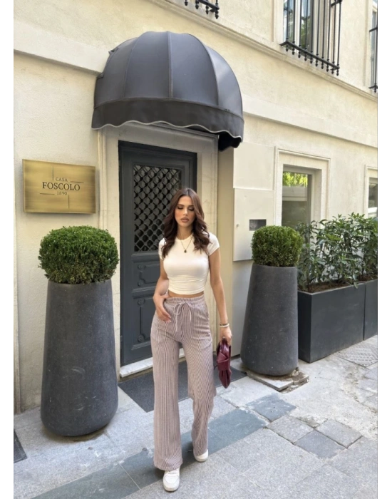 u Yolu Çizgili Kolay Kombinle Ne Bilir Cepli Pantolon  Bordo