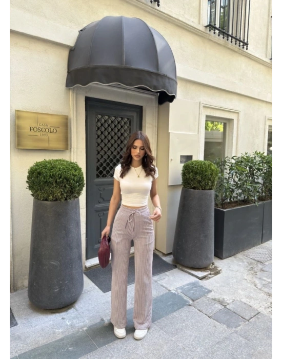 u Yolu Çizgili Kolay Kombinle Ne Bilir Cepli Pantolon  Bordo