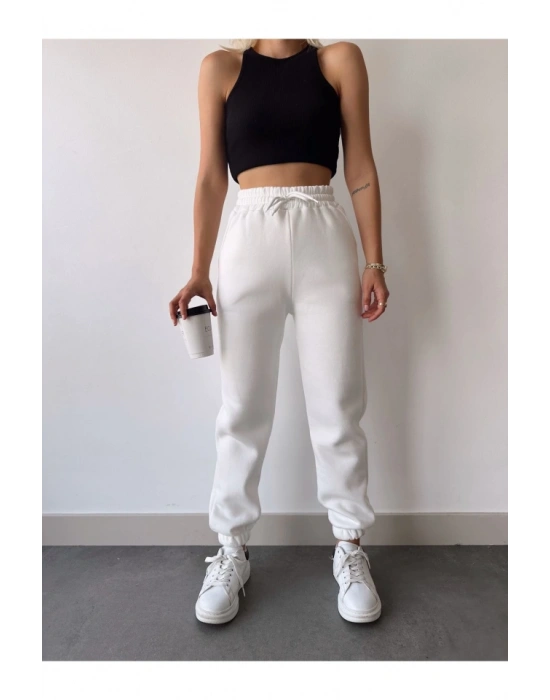 Üç İplik Basic astikli Eşofman Pantolon  Beyaz