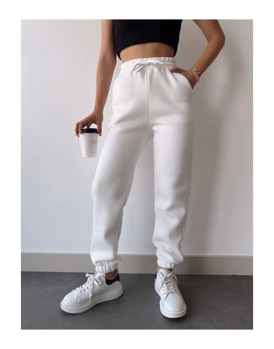 Üç İplik Basic astikli Eşofman Pantolon  Beyaz