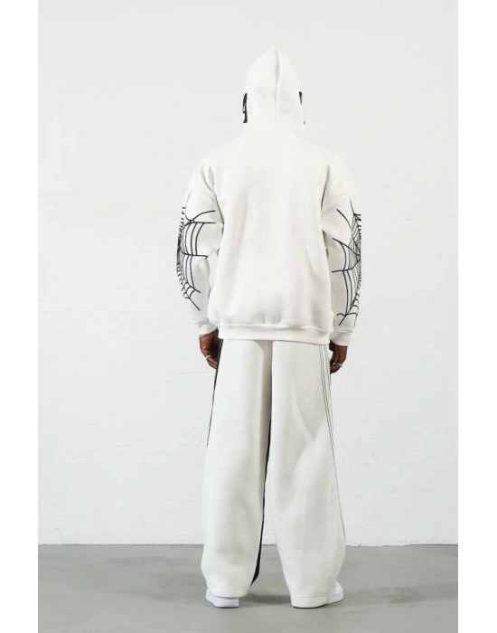 Üç İplik Baskılı Fermuarlı Kapşonlu Hırka  Beyaz