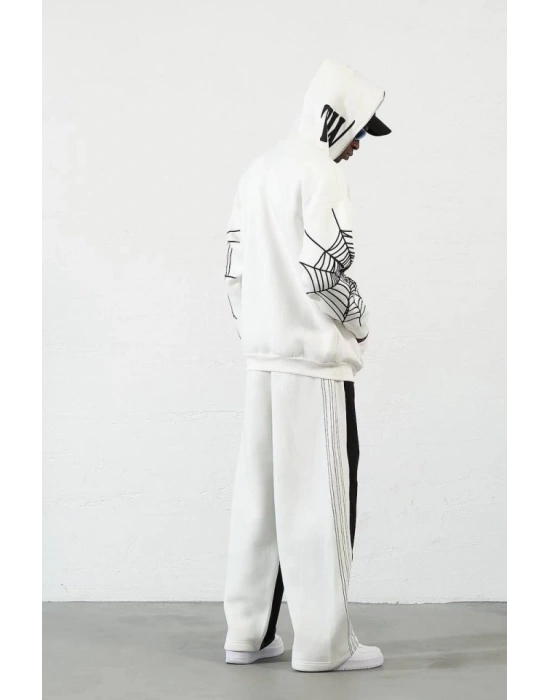 Üç İplik Baskılı Fermuarlı Kapşonlu Hırka  Beyaz