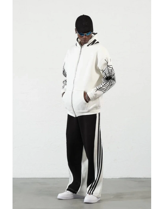 Üç İplik Baskılı Fermuarlı Kapşonlu Hırka  Beyaz