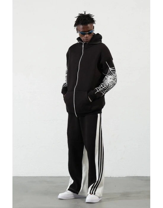 Üç İplik Baskılı Fermuarlı Kapşonlu Hırka  Siyah