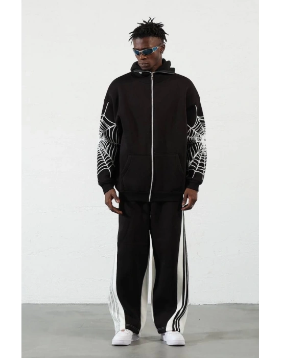 Üç İplik Baskılı Fermuarlı Kapşonlu Hırka  Siyah