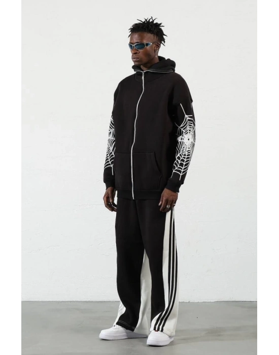 Üç İplik Baskılı Fermuarlı Kapşonlu Hırka  Siyah