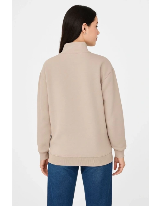 Üç İplik Dık Yaka Yarım Fermuarlı weathirt  Bej