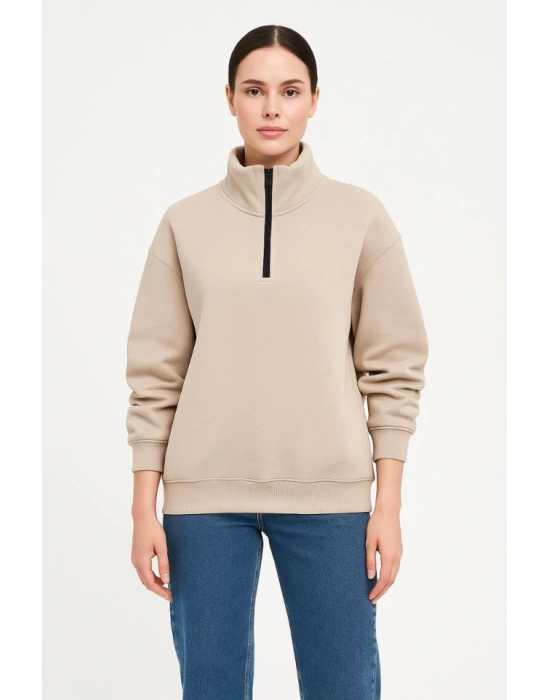 Üç İplik Dık Yaka Yarım Fermuarlı weathirt  Bej