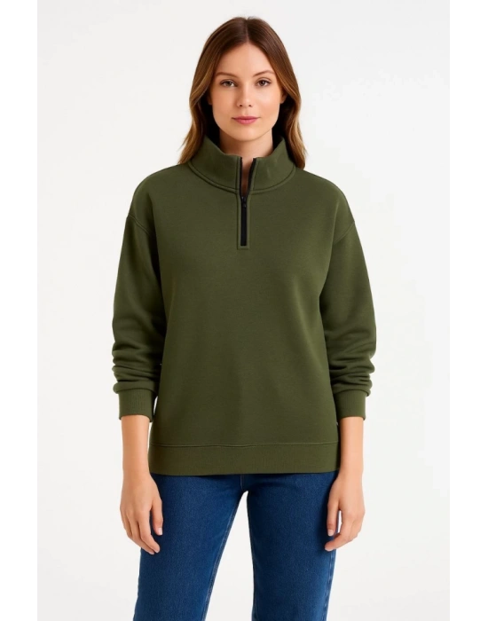 Üç İplik Dık Yaka Yarım Fermuarlı weathirt  Haki