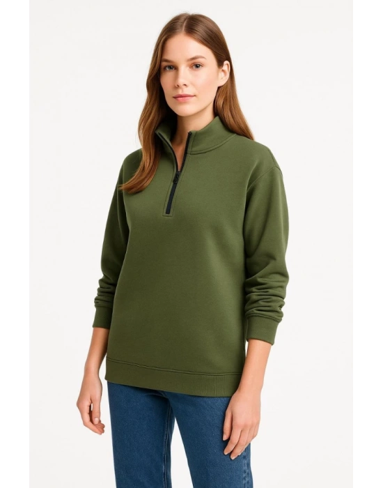 Üç İplik Dık Yaka Yarım Fermuarlı weathirt  Haki