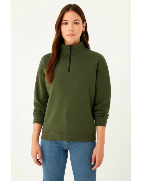 Üç İplik Dık Yaka Yarım Fermuarlı weathirt  Haki