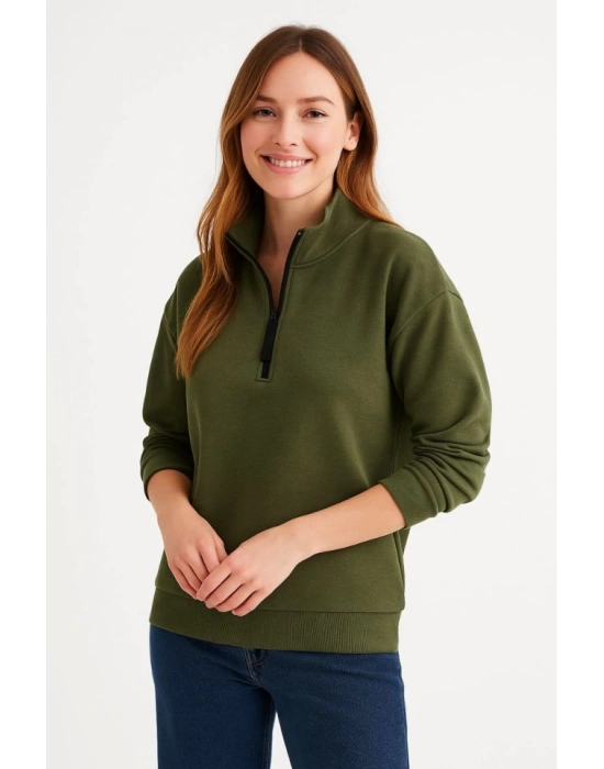 Üç İplik Dık Yaka Yarım Fermuarlı weathirt  Haki