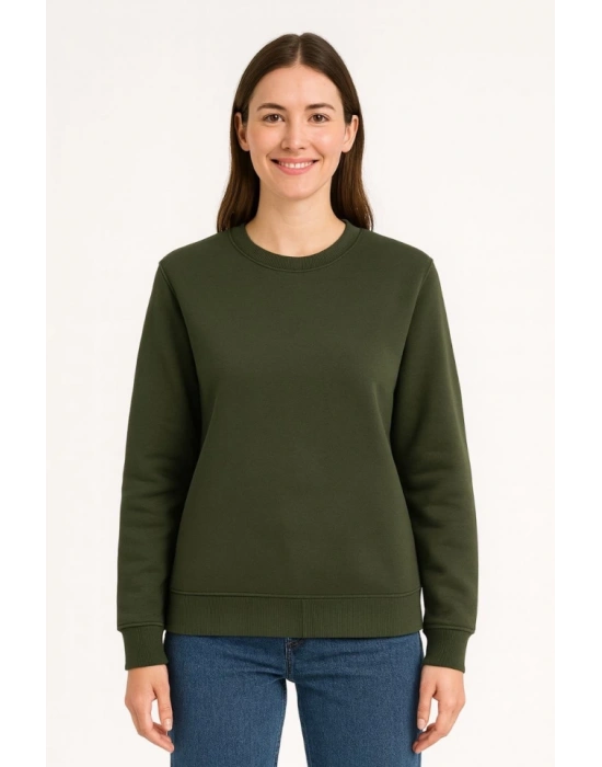 Üç İplik Düz Bisiklet Yaka SweatShirt  Haki