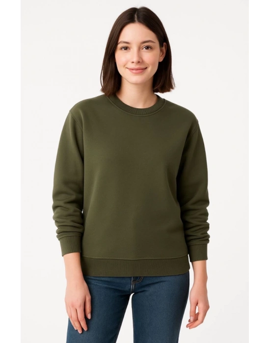 Üç İplik Düz Bisiklet Yaka SweatShirt  Haki