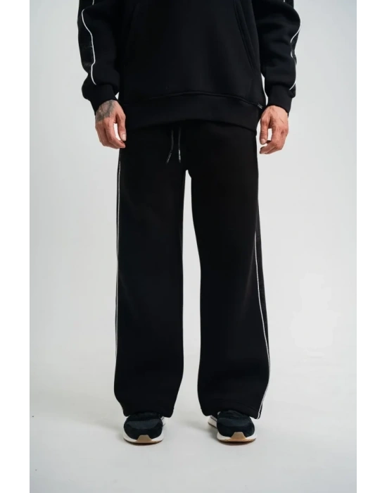 Üç İplik İçi Pamuklu Ara Biyeli Baskılı Baggy Eşofman Pantolon  iyah