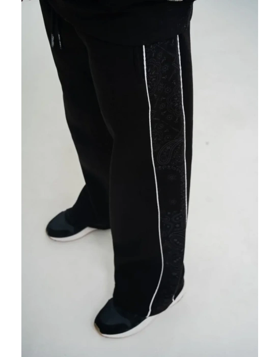 Üç İplik İçi Pamuklu Ara Biyeli Baskılı Baggy Eşofman Pantolon  iyah