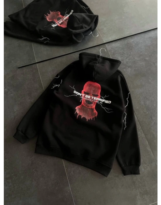 Üç İplik Kapşonlu Baskılı Oversize weathirt iyah