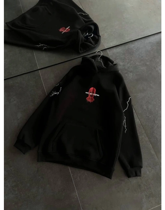 Üç İplik Kapşonlu Baskılı Oversize weathirt iyah