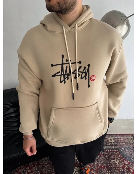 Üç İplik Kapşonlu Baskılı weathirt  Bej