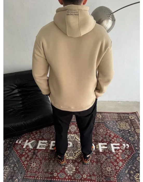 Üç İplik Kapşonlu Baskılı weathirt  Bej