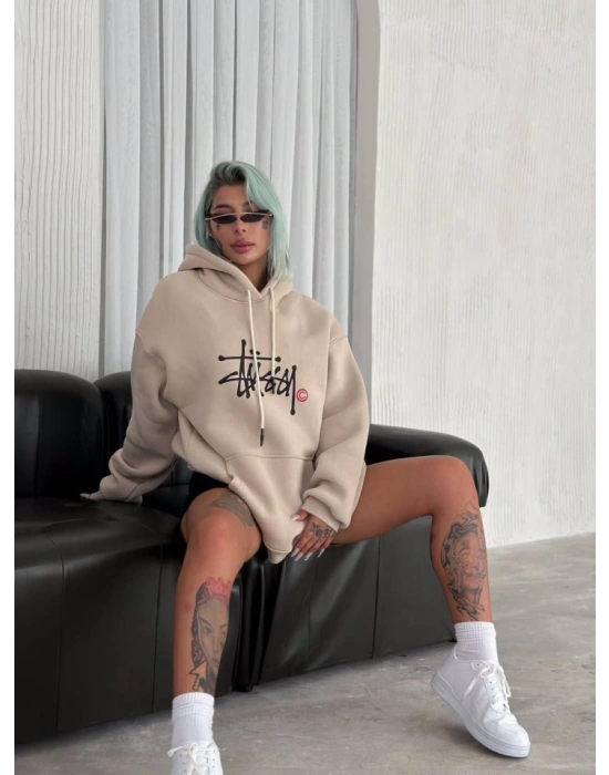 Üç İplik Kapşonlu Baskılı weathirt  Bej