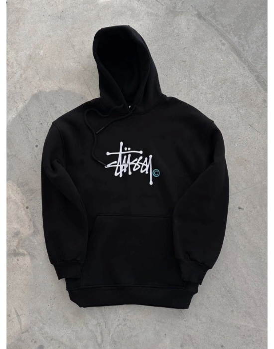 Üç İplik Kapşonlu Baskılı weathirt  iyah