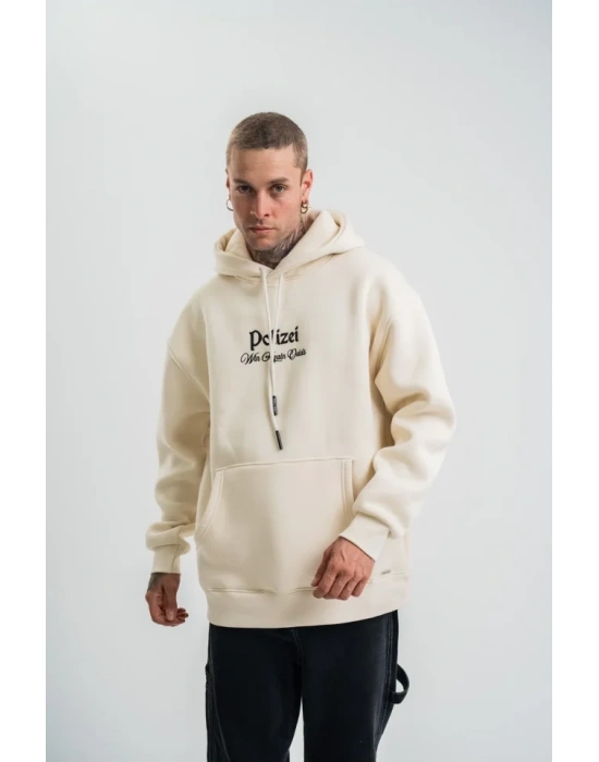 Üç İplik Kapşonlu Dijital Patchli SweatShirt  Krem