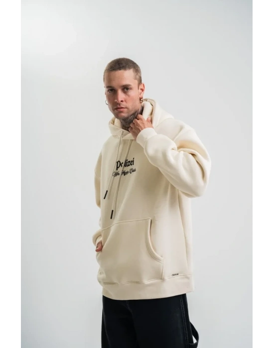 Üç İplik Kapşonlu Dijital Patchli SweatShirt  Krem