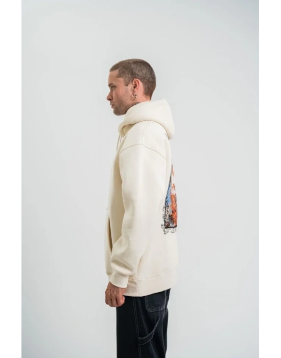 Üç İplik Kapşonlu Dijital Patchli SweatShirt  Krem
