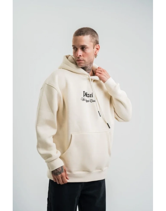 Üç İplik Kapşonlu Dijital Patchli SweatShirt  Krem