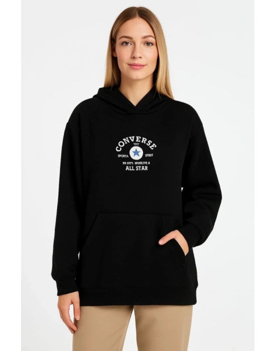 Üç İplik Kapşonlu ön Ve Arka Baskılı weathirt Hoodie iyah
