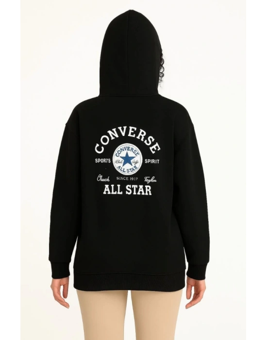 Üç İplik Kapşonlu ön Ve Arka Baskılı weathirt Hoodie iyah