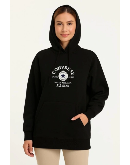 Üç İplik Kapşonlu ön Ve Arka Baskılı weathirt Hoodie iyah