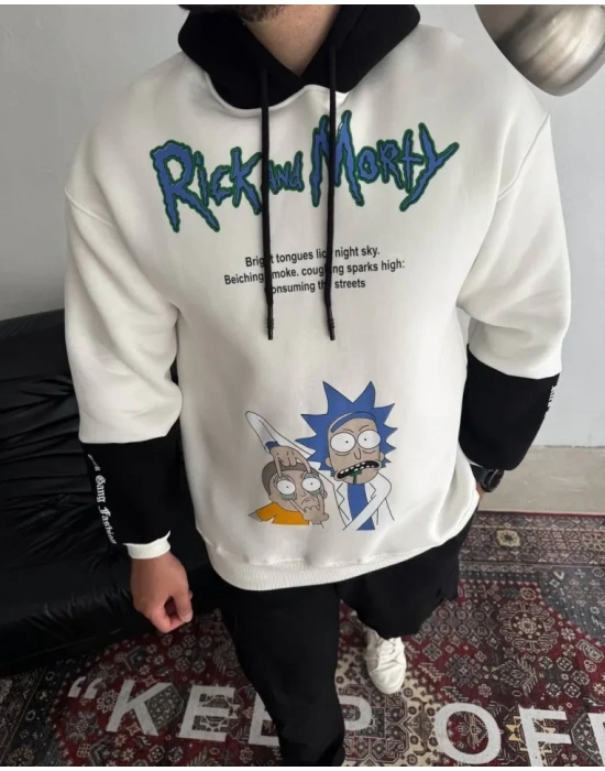 Üç İplik Kapşonlu Parçalı Baskılı weathirt  Beyaz