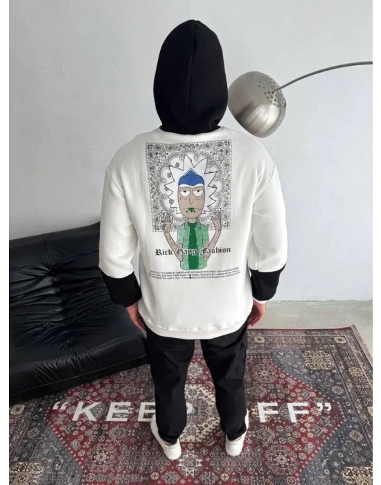 Üç İplik Kapşonlu Parçalı Baskılı weathirt  Beyaz