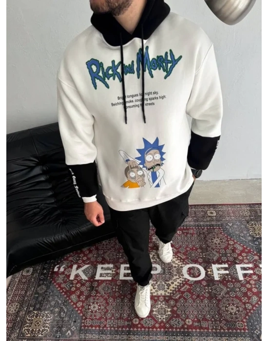 Üç İplik Kapşonlu Parçalı Baskılı weathirt  Beyaz