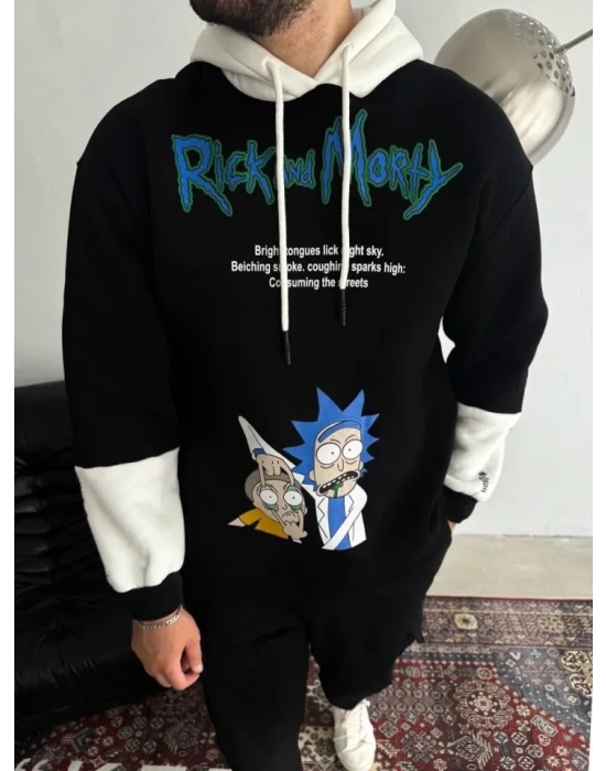 Üç İplik Kapşonlu Parçalı Baskılı weathirt  iyah